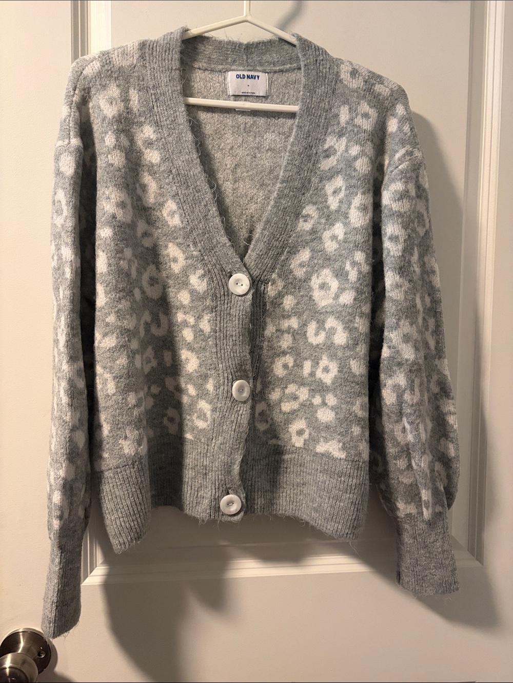 Old Navy Gray and White Leopard V-Neck Button Cardigan